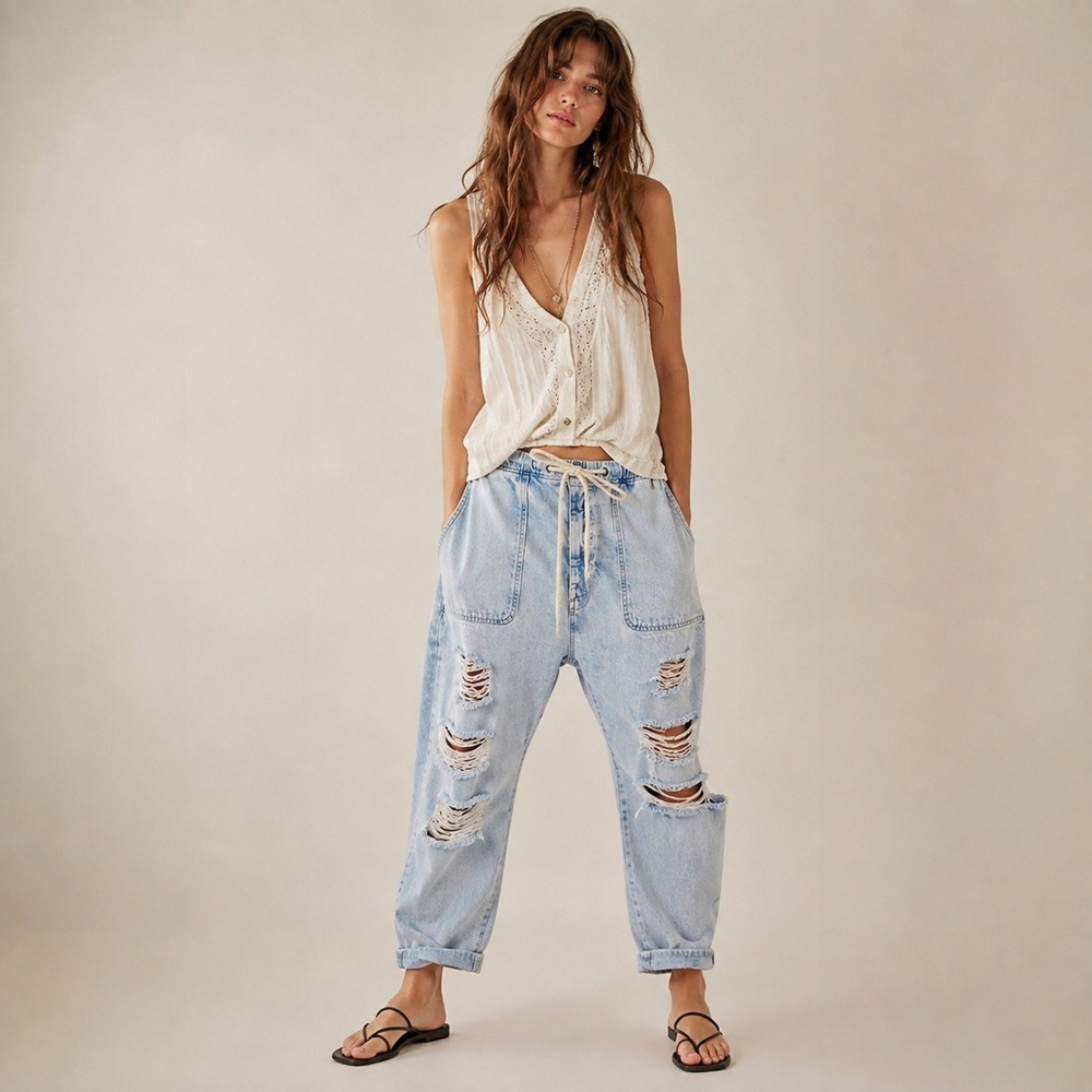Free People Drawstring Distressed Jeans One Teaspoon x Kingpins Collab M NWT